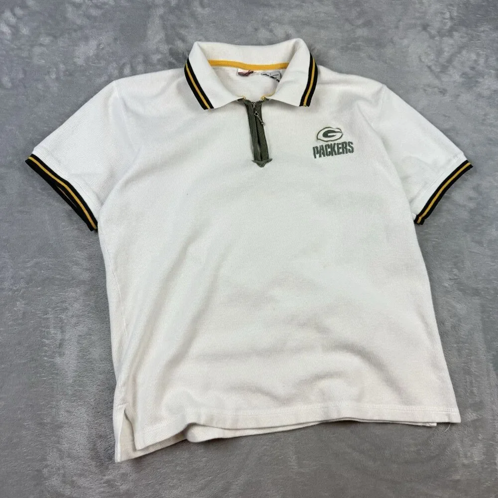 Vintage Green Bay Packers Embroidered Quarter Zip Polo Shirt White NFL L
